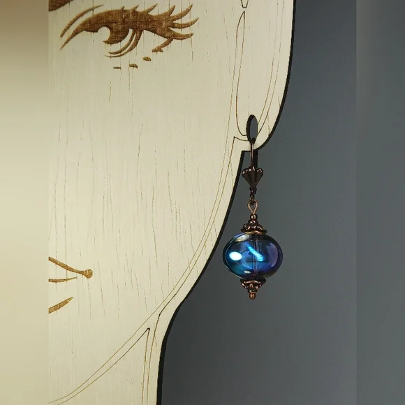 HAND CRAFTED EARRINGS Blue Aurora Borealis Glass Copper Dangle Drop - Picture 6 of 7